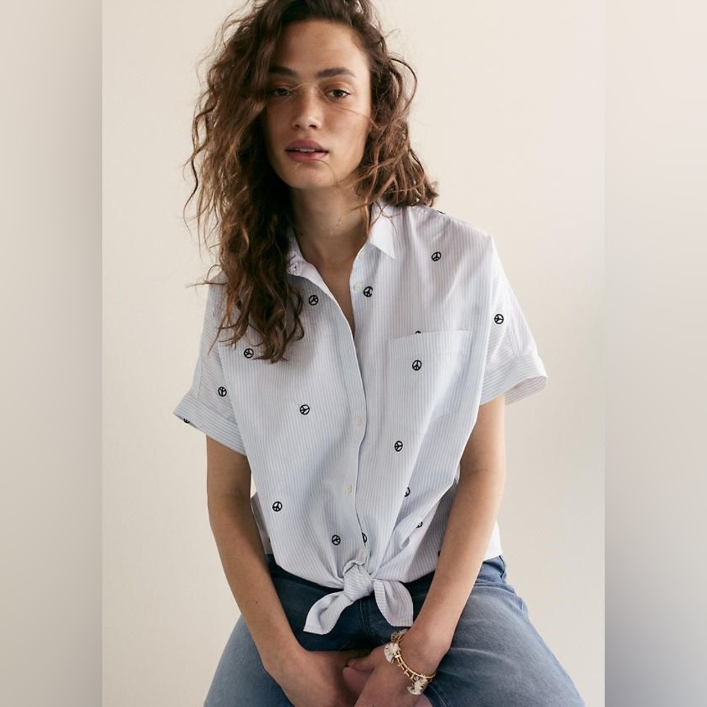 Madewell striped peace short sleeve button up shirt size large